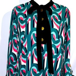 Eloquii Mod Retro Print Tie Neck Dress with button ruffle teal pink Size 16